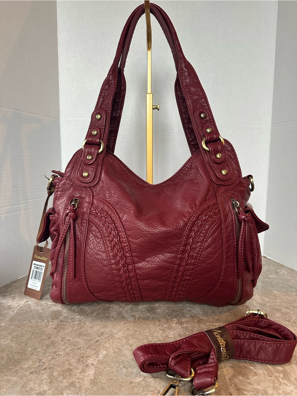 Montana West Slouchy Soft Faux Leather Hobo Bag Crossbody Burgundy Red Moto NWT